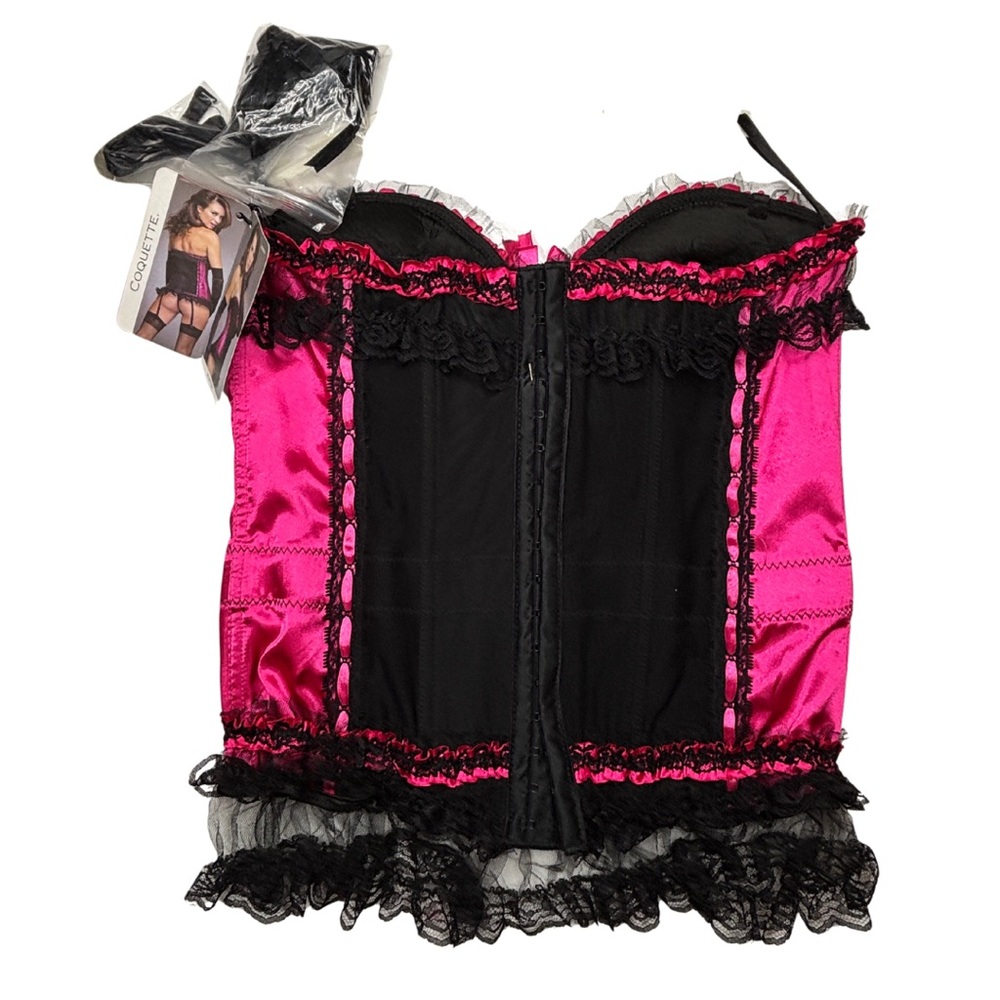 Coquette — NWT — Black Fuchsia Pink Lace Corset Bustier Top — Size XL - Picture 2 of 6